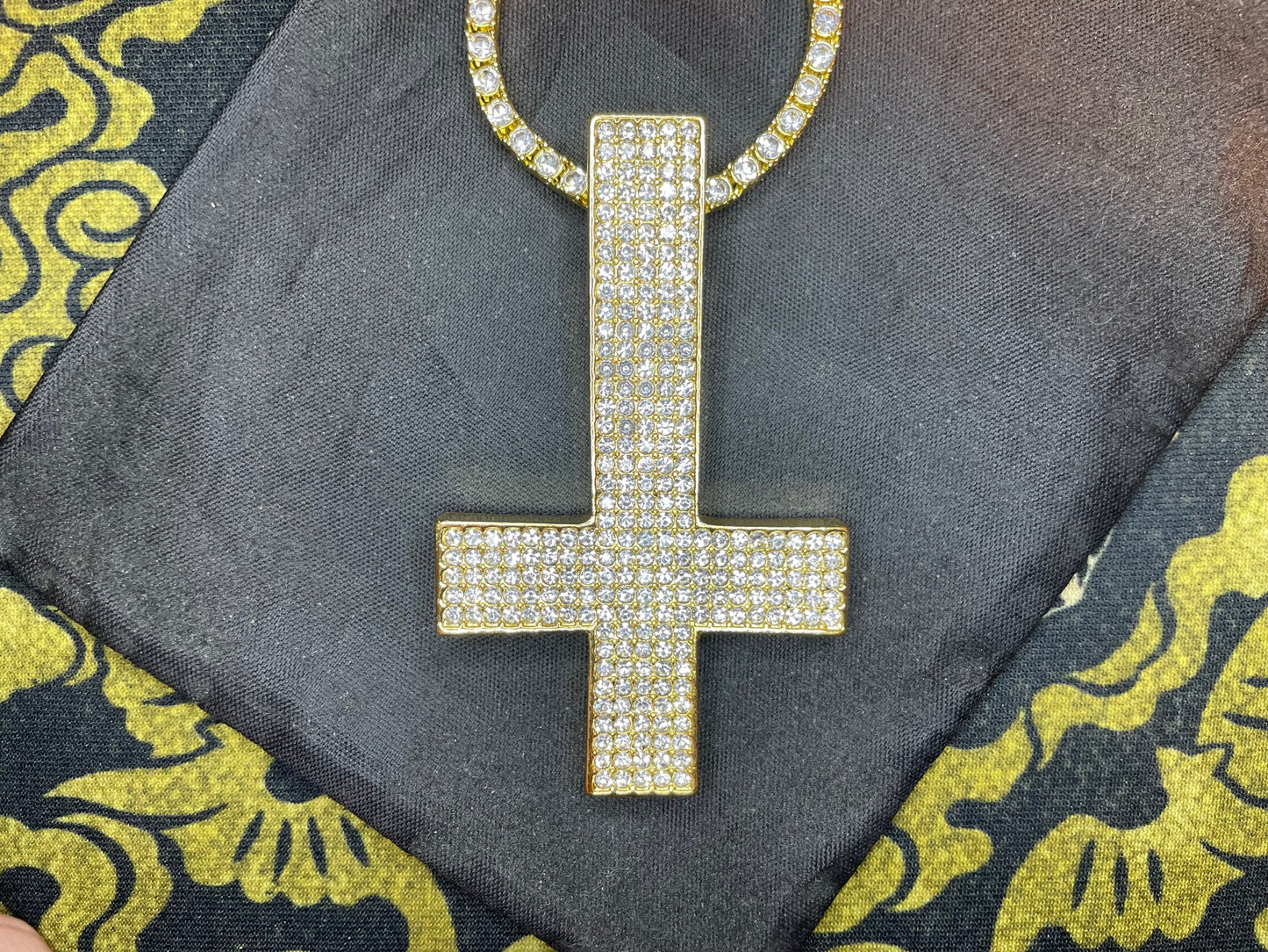 Diamond Encrusted Upside Down Inverted Cross 14kt Gold Pendant Necklace Minimalist Retro Satanic Church Wiccan Occult Jewelry Gift - Gold