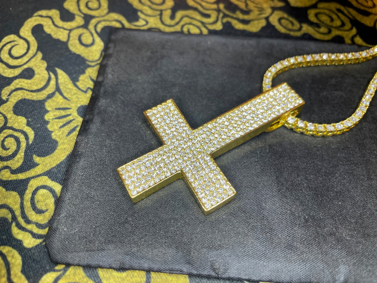 Diamond Encrusted Upside Down Inverted Cross 14kt Gold Pendant Necklace Minimalist Retro Satanic Church Wiccan Occult Jewelry Gift - Gold