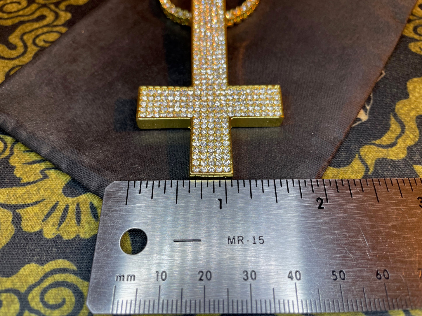 Diamond Encrusted Upside Down Inverted Cross 14kt Gold Pendant Necklace Minimalist Retro Satanic Church Wiccan Occult Jewelry Gift - Gold