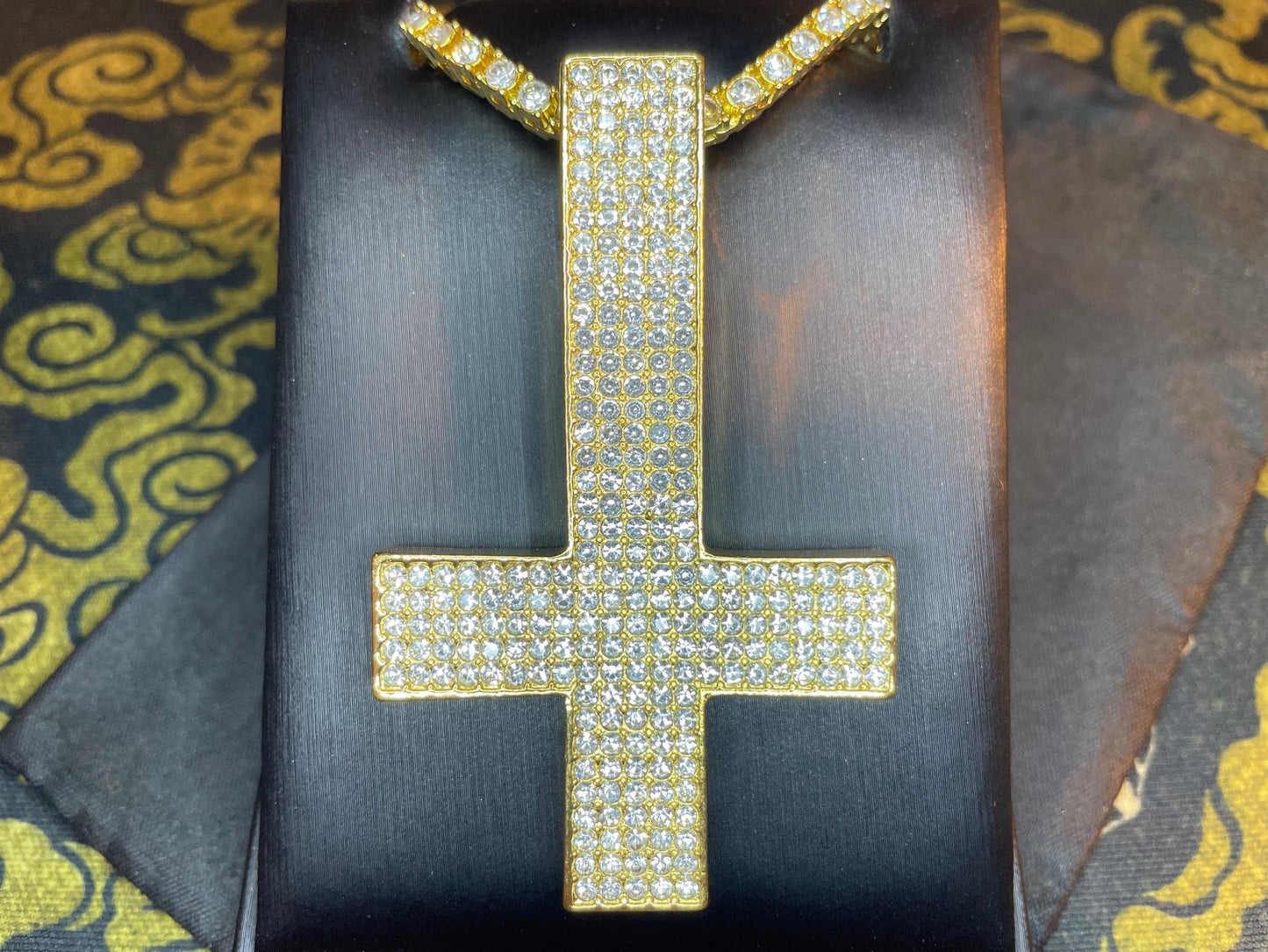 Diamond Encrusted Upside Down Inverted Cross 14kt Gold Pendant Necklace Minimalist Retro Satanic Church Wiccan Occult Jewelry Gift - Gold