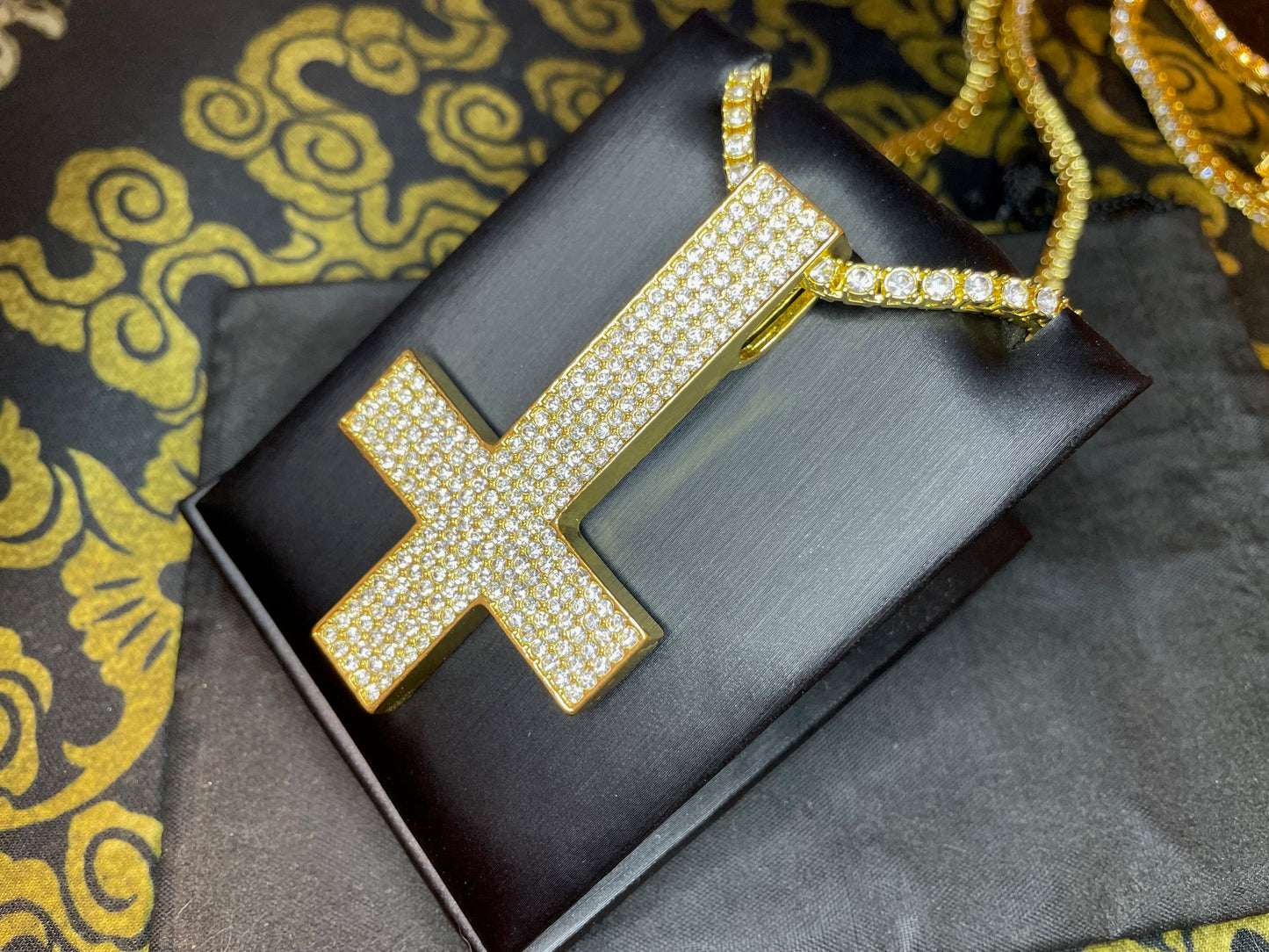 Diamond Encrusted Upside Down Inverted Cross 14kt Gold Pendant Necklace Minimalist Retro Satanic Church Wiccan Occult Jewelry Gift - Gold