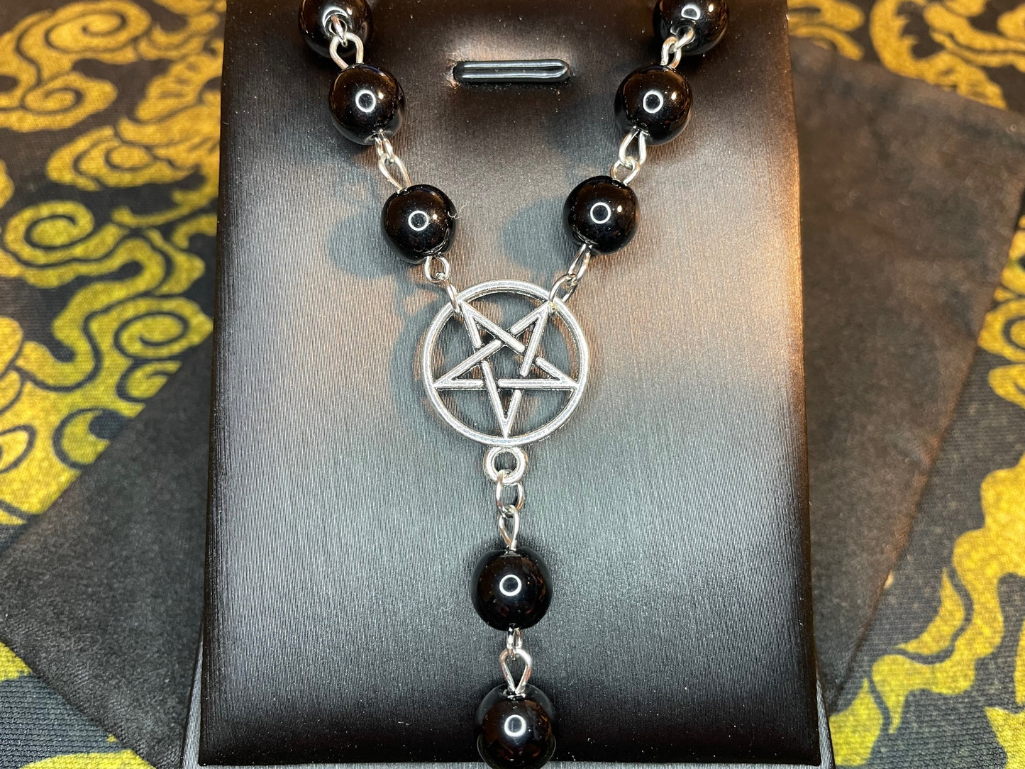 Satanic Rosary Inverted Pentagram Upside Down Cross Pendant Unholy Prayer Beads Pagan Wiccan Occult Jewelry Necklace Gift - Silver & Black