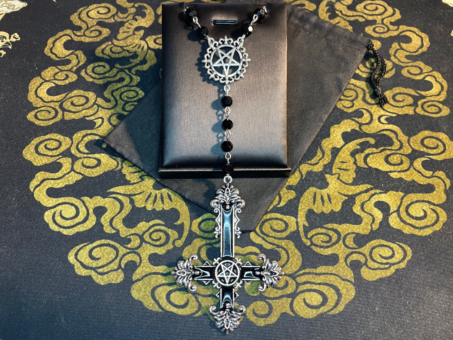 Satanic Rosary Inverted Pentagram Ornate Upside Down Cross Pendant Charm Necklace Gothic Pagan Wiccan Occult Jewelry Gift - Silver & Black