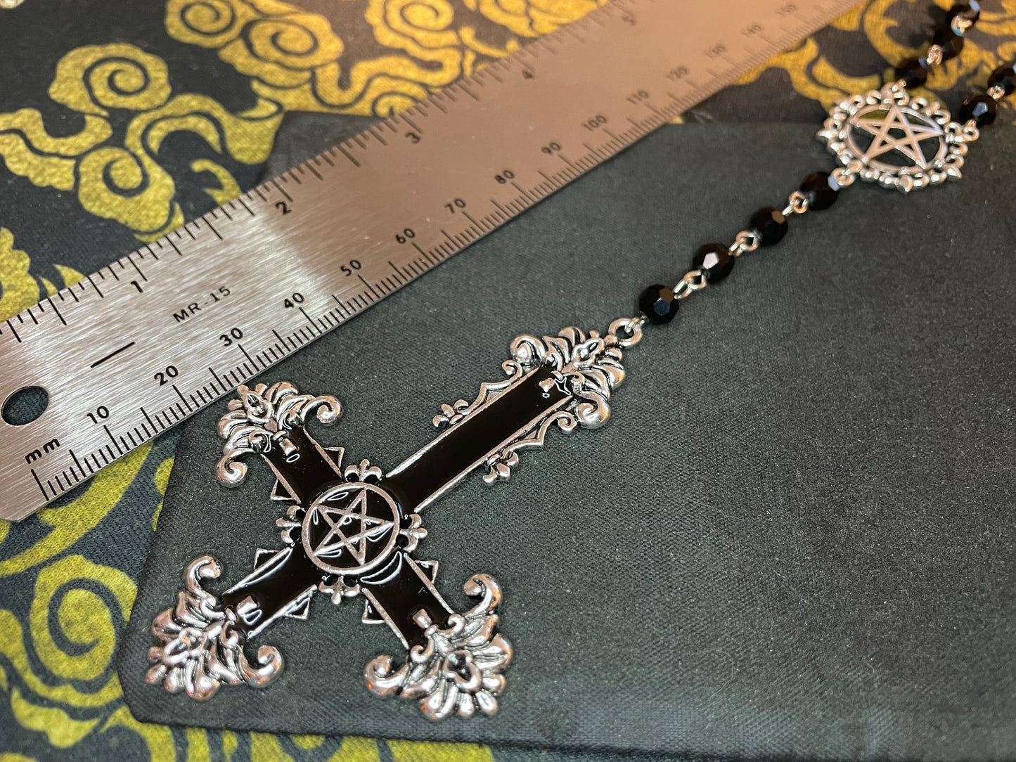 Satanic Rosary Inverted Pentagram Ornate Upside Down Cross Pendant Charm Necklace Gothic Pagan Wiccan Occult Jewelry Gift - Silver & Black