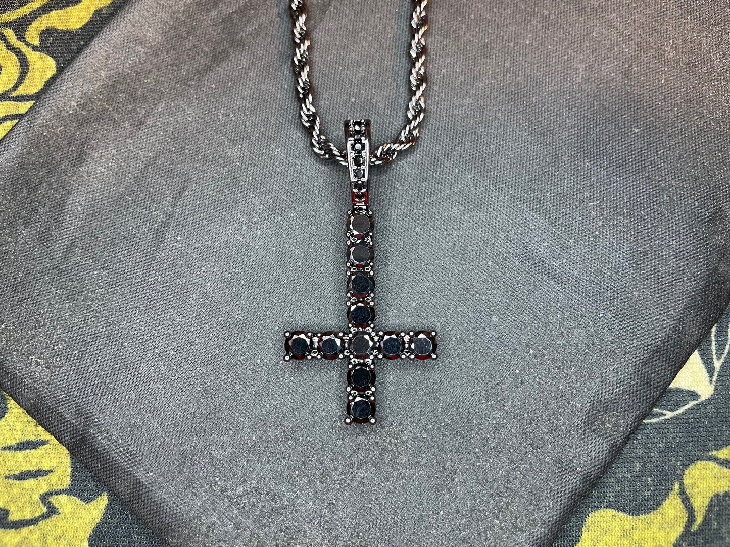 Diamond Upside Down Inverted Cross Sterling Silver Pendant Rope Necklace Goth Minimalist Retro Satanic Wiccan Occult Jewelry Gift - Black