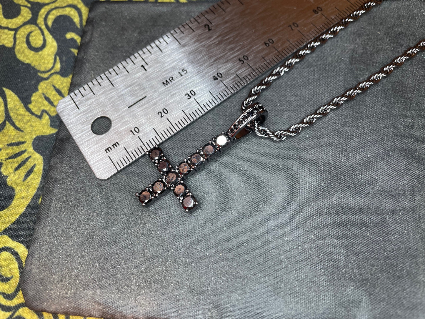 Diamond Upside Down Inverted Cross Sterling Silver Pendant Rope Necklace Goth Minimalist Retro Satanic Wiccan Occult Jewelry Gift - Black