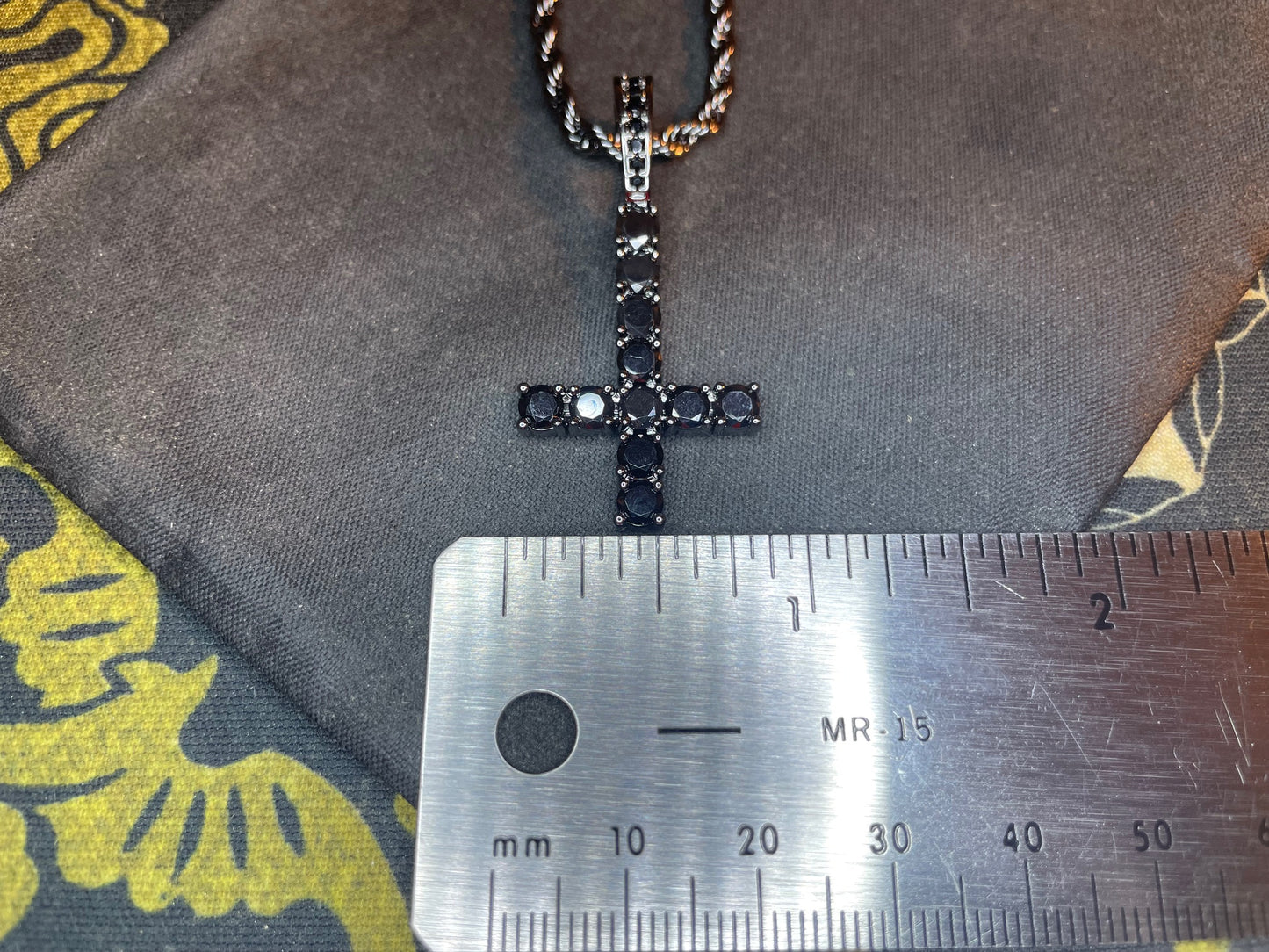 Diamond Upside Down Inverted Cross Sterling Silver Pendant Rope Necklace Goth Minimalist Retro Satanic Wiccan Occult Jewelry Gift - Black