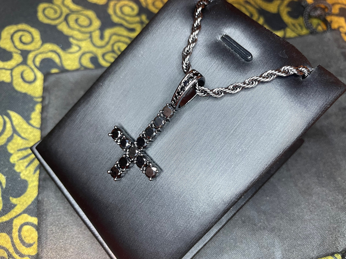 Diamond Upside Down Inverted Cross Sterling Silver Pendant Rope Necklace Goth Minimalist Retro Satanic Wiccan Occult Jewelry Gift - Black