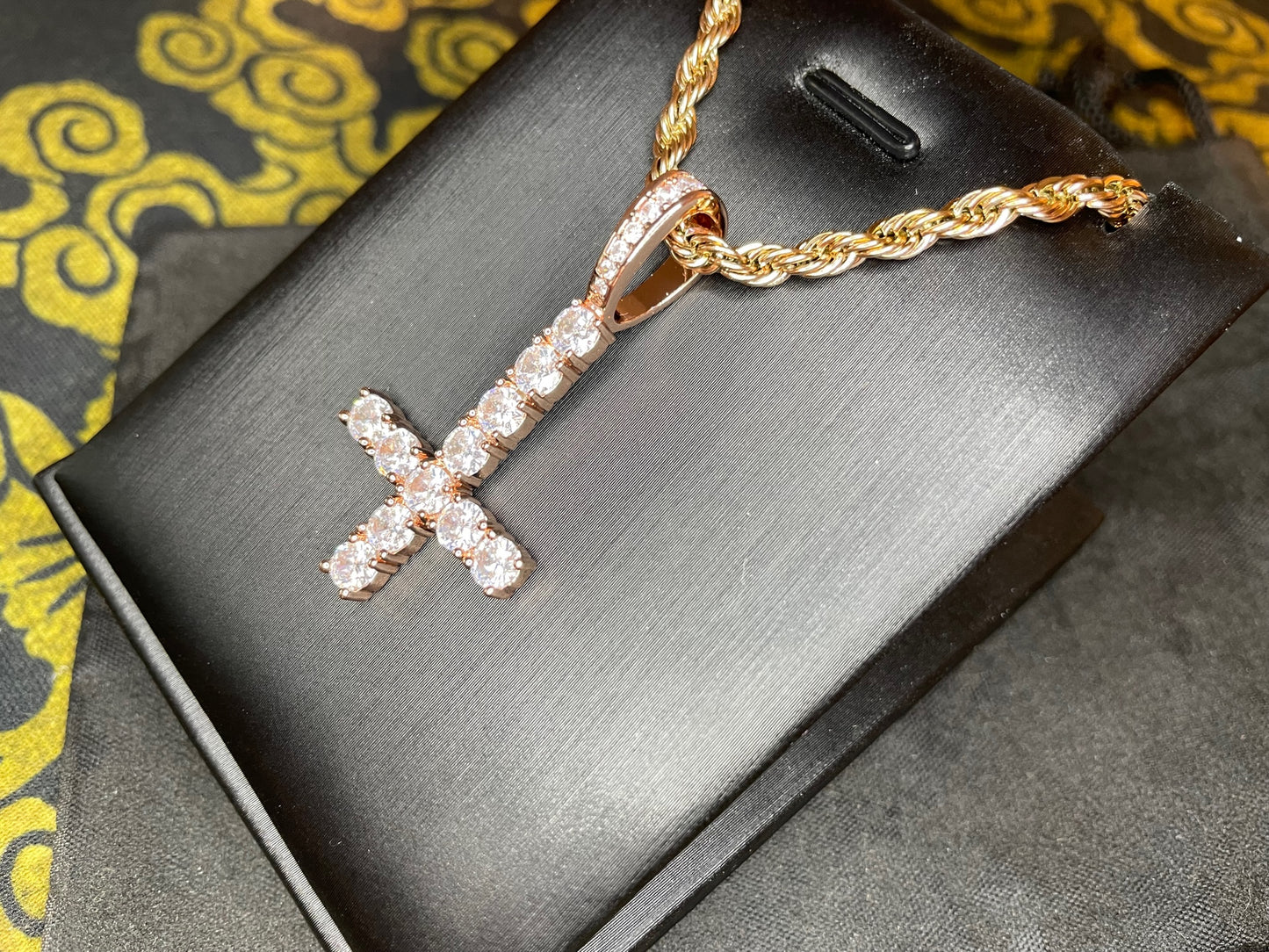 Diamond Upside Down Inverted Cross Rose Gold Pendant Rope Necklace Goth Minimalist Retro Satanic Pagan Wiccan Witchcraft Occult Jewelry Gift