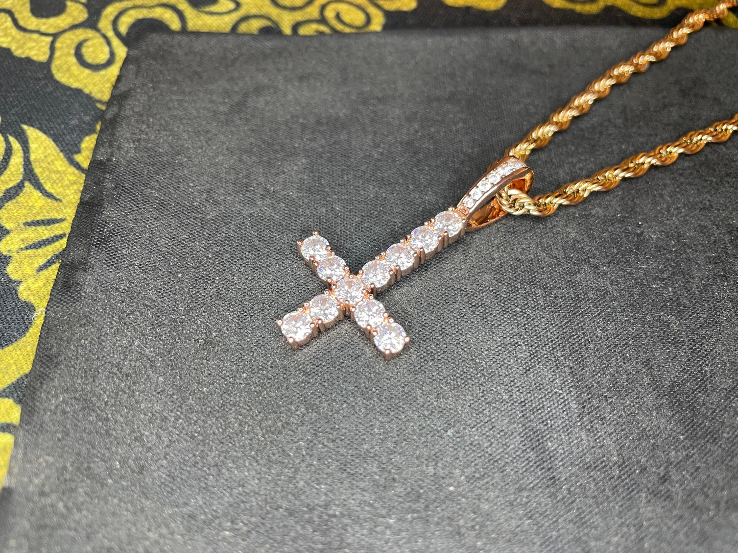 Diamond Upside Down Inverted Cross Rose Gold Pendant Rope Necklace Goth Minimalist Retro Satanic Pagan Wiccan Witchcraft Occult Jewelry Gift