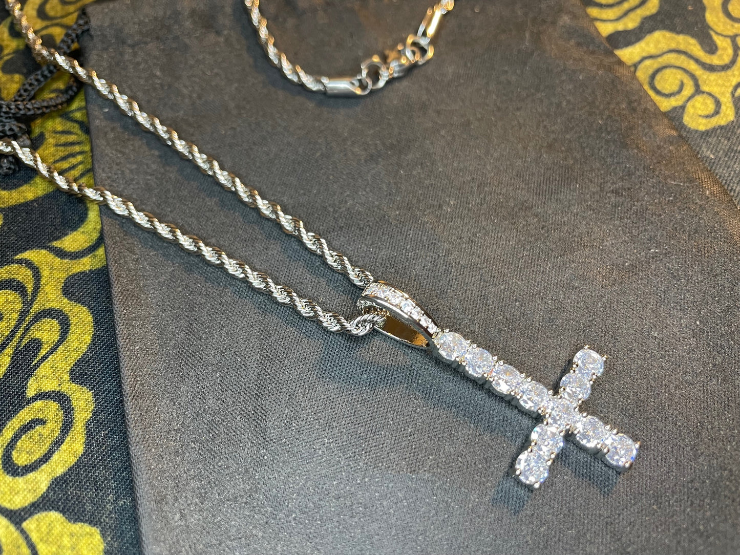 Diamond Upside Down Inverted Cross Sterling Silver Pendant Rope Necklace Goth Minimalist Retro Satanic Wiccan Witchcraft Occult Jewelry Gift