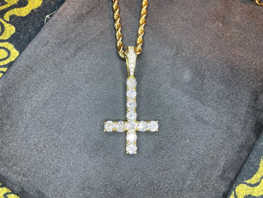 Diamond Upside Down Inverted Cross 14k Gold Pendant Rope Necklace Gothic Minimalist Retro Satanic Pagan Wiccan Occult Jewelry Gift - Gold