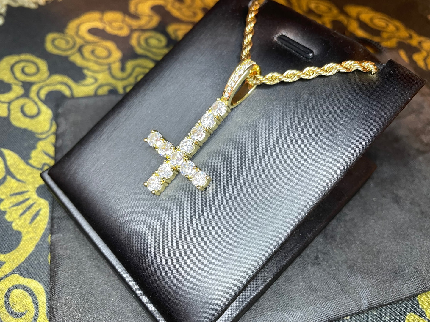 Diamond Upside Down Inverted Cross 14k Gold Pendant Rope Necklace Gothic Minimalist Retro Satanic Pagan Wiccan Occult Jewelry Gift - Gold