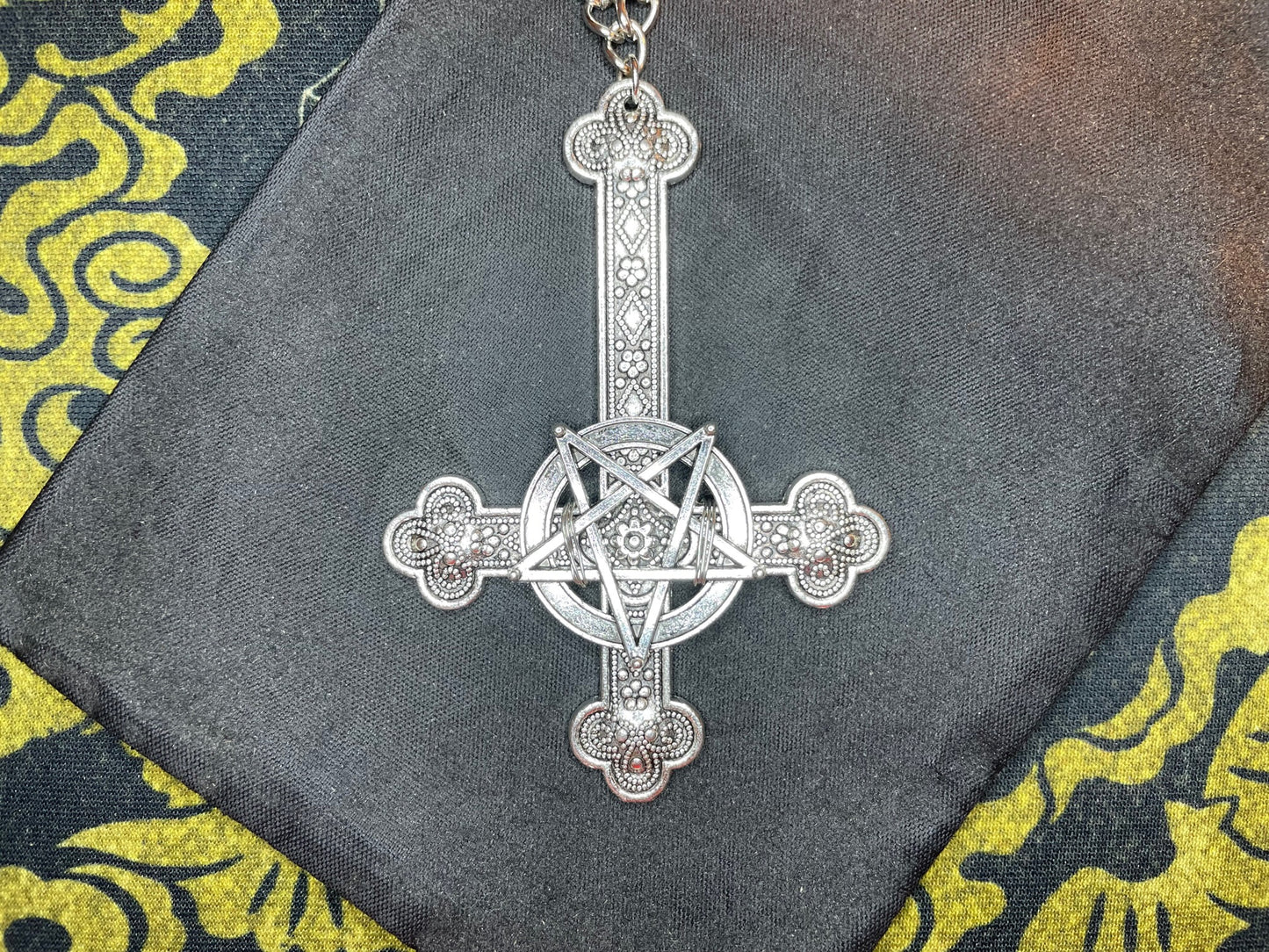 Large Ornate Upside Down Cross Inverted Pentagram Crucifix Hand-Poured Aluminum Pendant Necklace Gothic Satanic Pagan Wiccan Gift - Silver