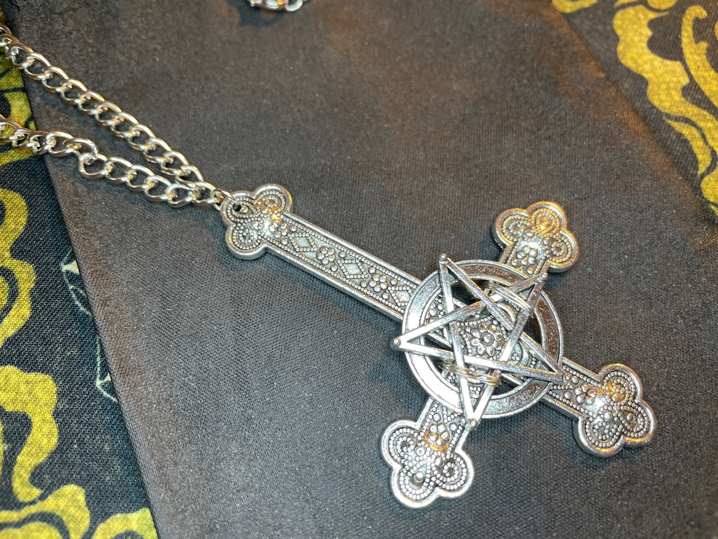 Large Ornate Upside Down Cross Inverted Pentagram Crucifix Hand-Poured Aluminum Pendant Necklace Gothic Satanic Pagan Wiccan Gift - Silver