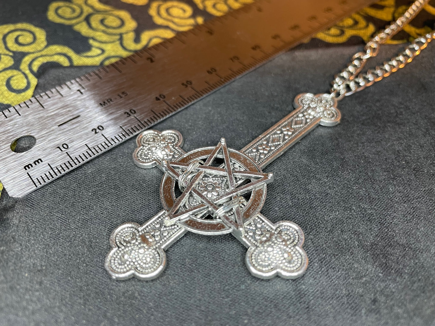 Large Ornate Upside Down Cross Inverted Pentagram Crucifix Hand-Poured Aluminum Pendant Necklace Gothic Satanic Pagan Wiccan Gift - Silver