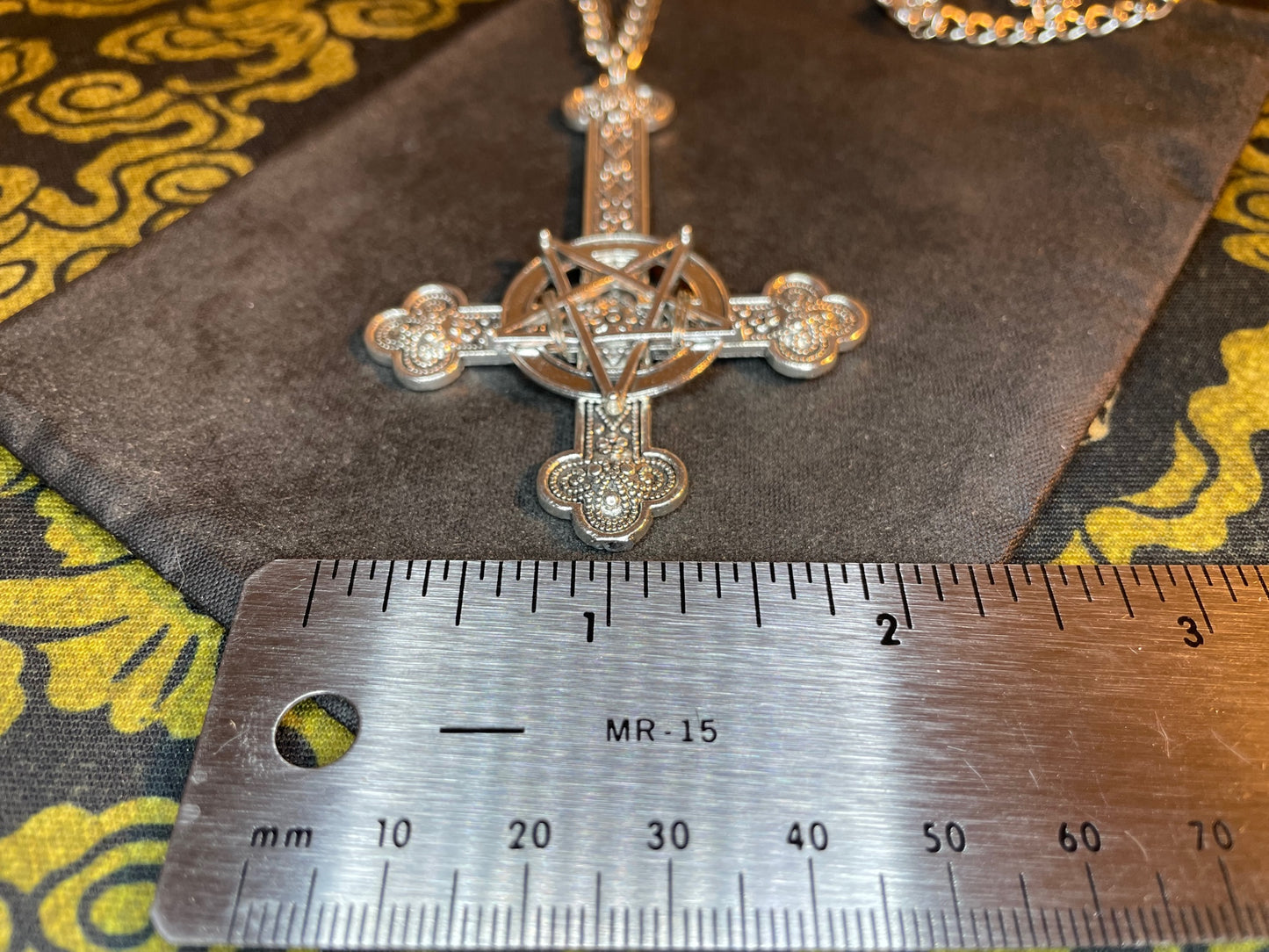 Large Ornate Upside Down Cross Inverted Pentagram Crucifix Hand-Poured Aluminum Pendant Necklace Gothic Satanic Pagan Wiccan Gift - Silver