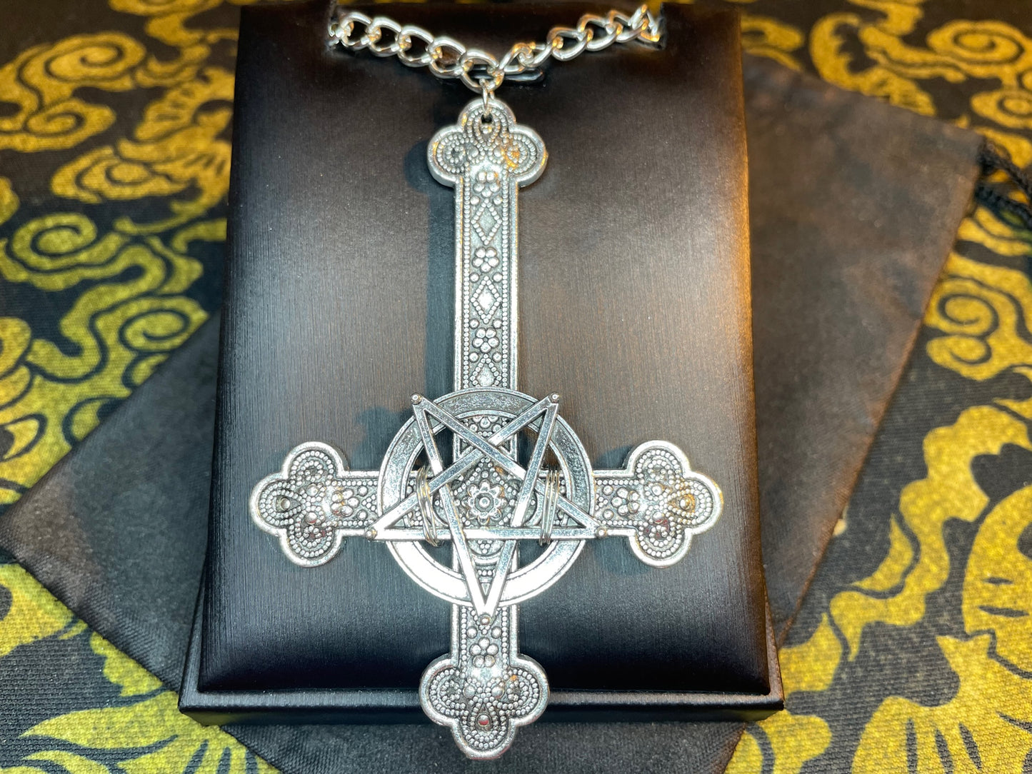 Large Ornate Upside Down Cross Inverted Pentagram Crucifix Hand-Poured Aluminum Pendant Necklace Gothic Satanic Pagan Wiccan Gift - Silver