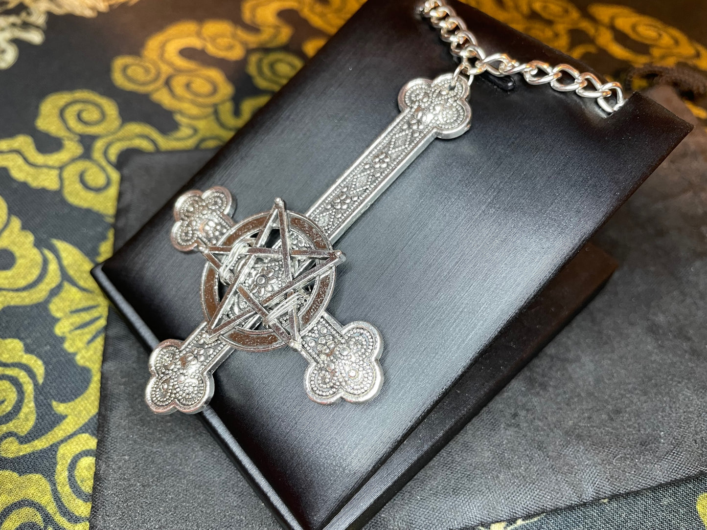 Large Ornate Upside Down Cross Inverted Pentagram Crucifix Hand-Poured Aluminum Pendant Necklace Gothic Satanic Pagan Wiccan Gift - Silver