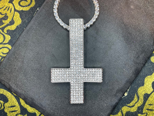 Diamond Encrusted Upside Down Inverted Cross Sterling Silver Pendant Necklace Minimalist Retro Satanic Wiccan Occult Jewelry Gift - Silver