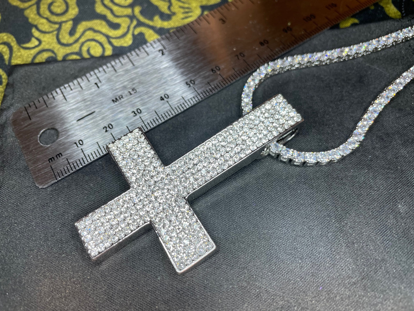 Diamond Encrusted Upside Down Inverted Cross Sterling Silver Pendant Necklace Minimalist Retro Satanic Wiccan Occult Jewelry Gift - Silver