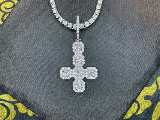 Diamond Iced Out Bling Upside Down Inverted Cross Sterling Silver Pendant Necklace Retro Satanic Pagan Wiccan Occult Jewelry Gift - Silver