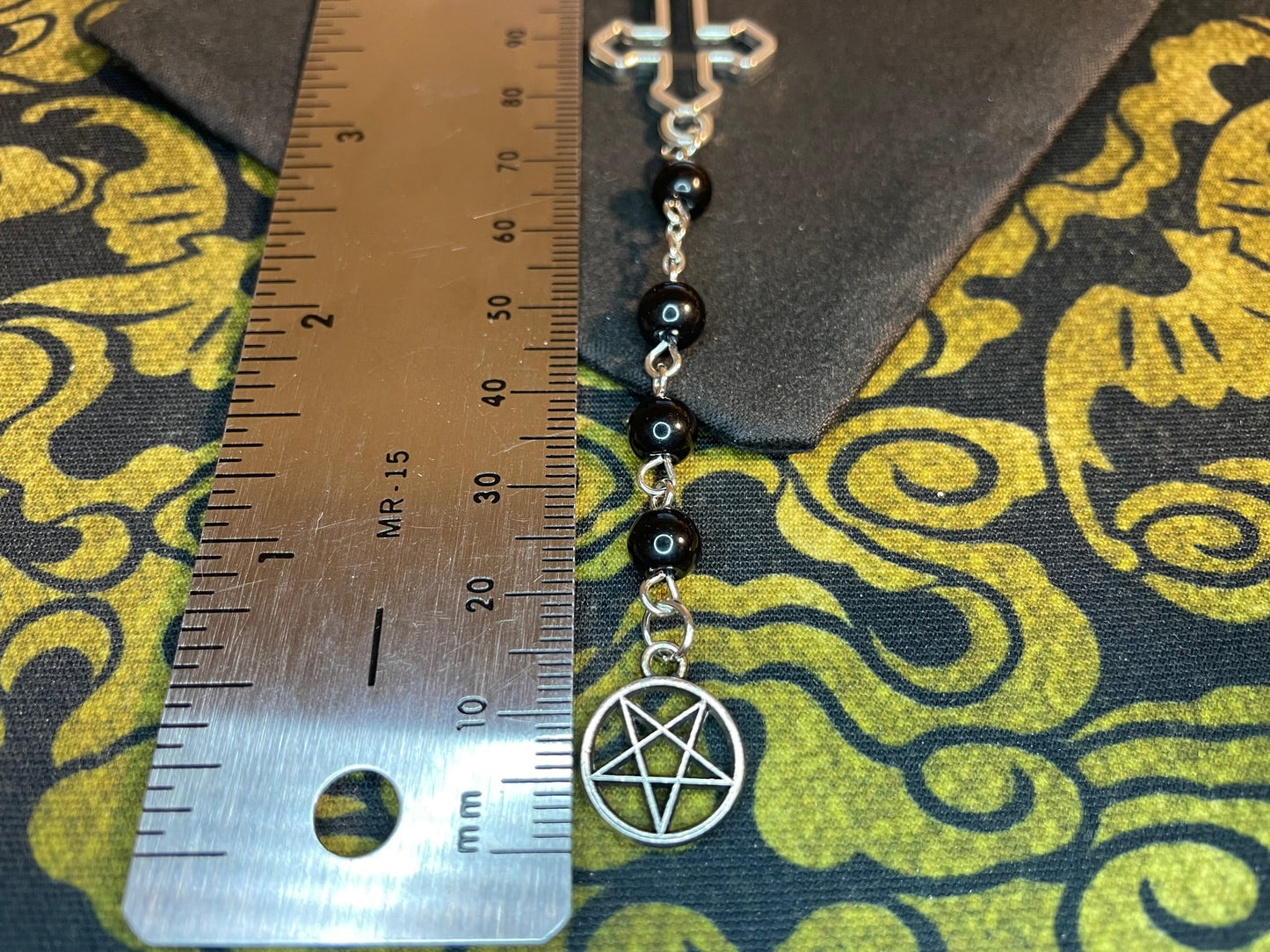 Satanic Rosary Upside Down Inverted Cross Pentagram Pendant Necklace Small Bead Gothic Pagan Wiccan Occult Jewelry Gift - Silver & Black