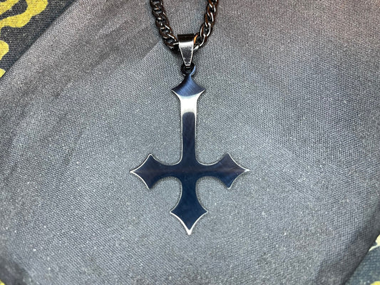 Gothic Inverted Upside Down Cross Stainless Steel Pendant Necklace Vintage Satanic Church Pagan Wiccan Occult Jewelry Best Gift - Black