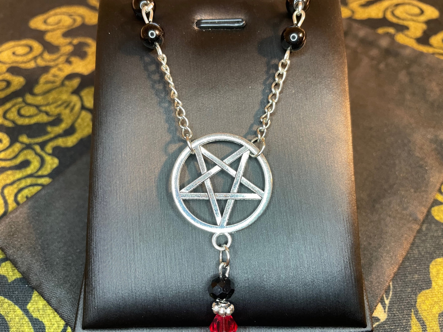 Satanic Rosary Inverted Upside Down Pentagram Sigil of Lucifer Pendant Necklace Small Bead Wiccan Occult Jewelry Gift - Silver, Black, & Red