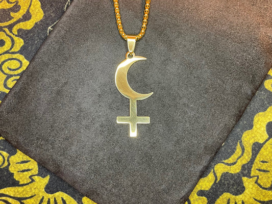 Lilith Symbol Crescent Moon Inverted Upside Down Cross Stainless Steel Necklace Gothic Pagan Satanic Wiccan Occult Jewelry Best Gift - Gold