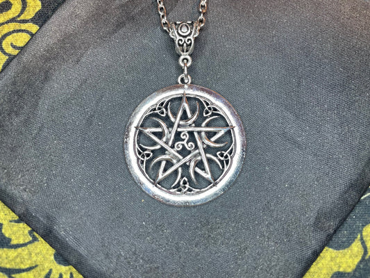 Ornate Pentacle Celtic Knot Crescent Moon Hand-Poured Zinc-Alloy Sacred Pendant Necklace Gothic Pagan Satanic Wiccan Jewelry Gift - Silver