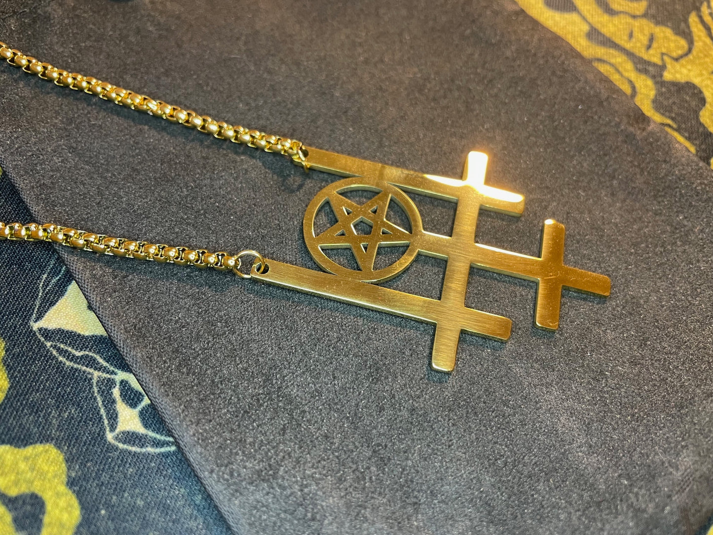 Triple Upside Down Reverse Cross Inverted Pentagram Stainless Steel Pendant Necklace Gothic Pagan Wiccan Satanic Occult Jewelry Gift - Gold