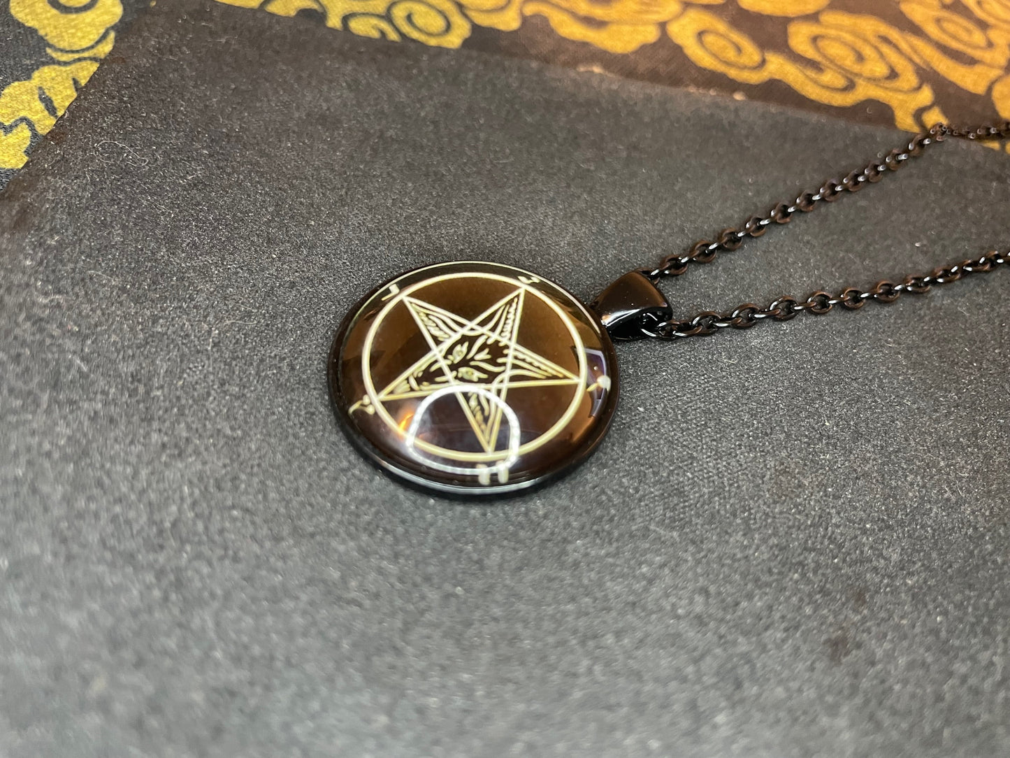 Sigil of Baphomet Pentagram Church of Satan Lucifer Glass Stainless Steel Pendant Necklace Satanic Wiccan Pagan Occult Jewelry Gift - Black