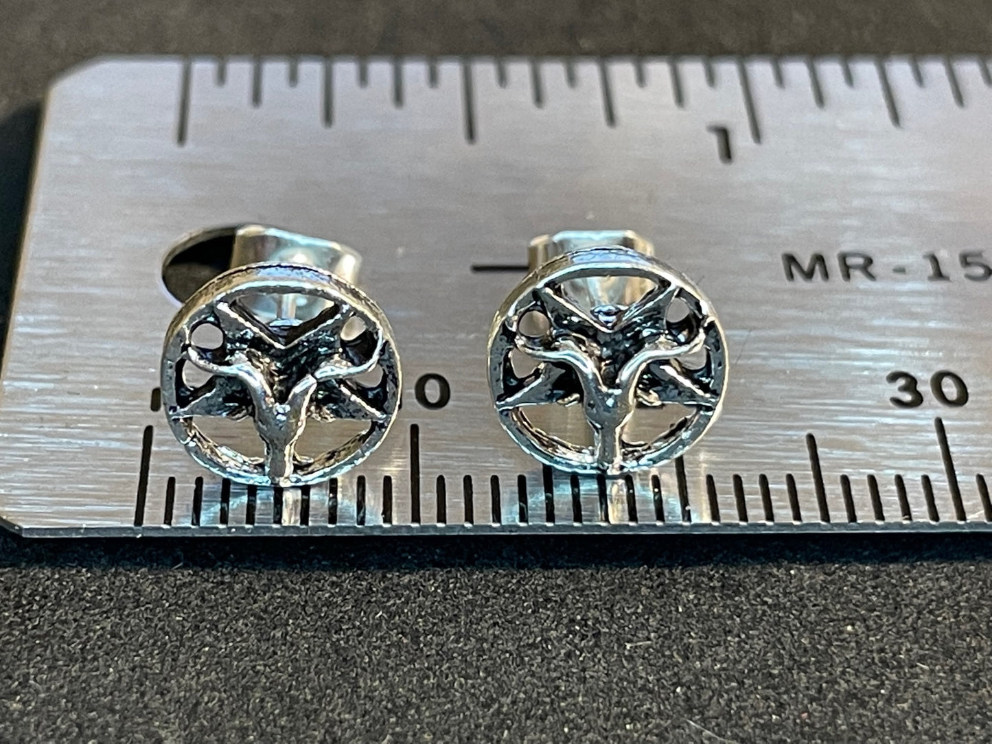 Sterling Silver Baphomet Pentagram Earrings 925 Biker Punk Stud Sigil Goat Minimalist Gothic Satanic Church Wiccan Pagan Occult Jewelry Gift