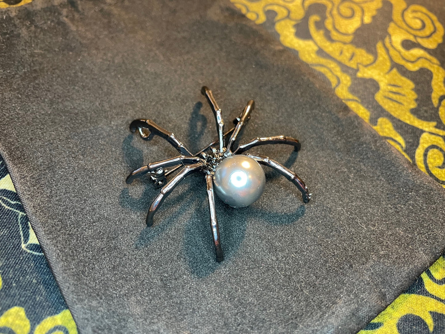 Black Pearl Diamond Encrusted Venomous Widow Spider Web Stainless Steel Lapel Pin Brooch Corsage Satanic Gothic Pagan Wiccan Gift - Silver