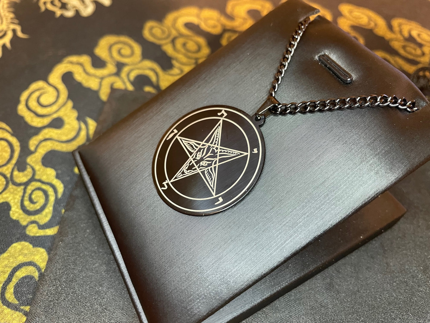 Sigil of Baphomet Official Church of Satan Inverted Upside Down Pentagram Necklace Pagan Wiccan Satanic Occult Jewelry Gift - Black & Gold