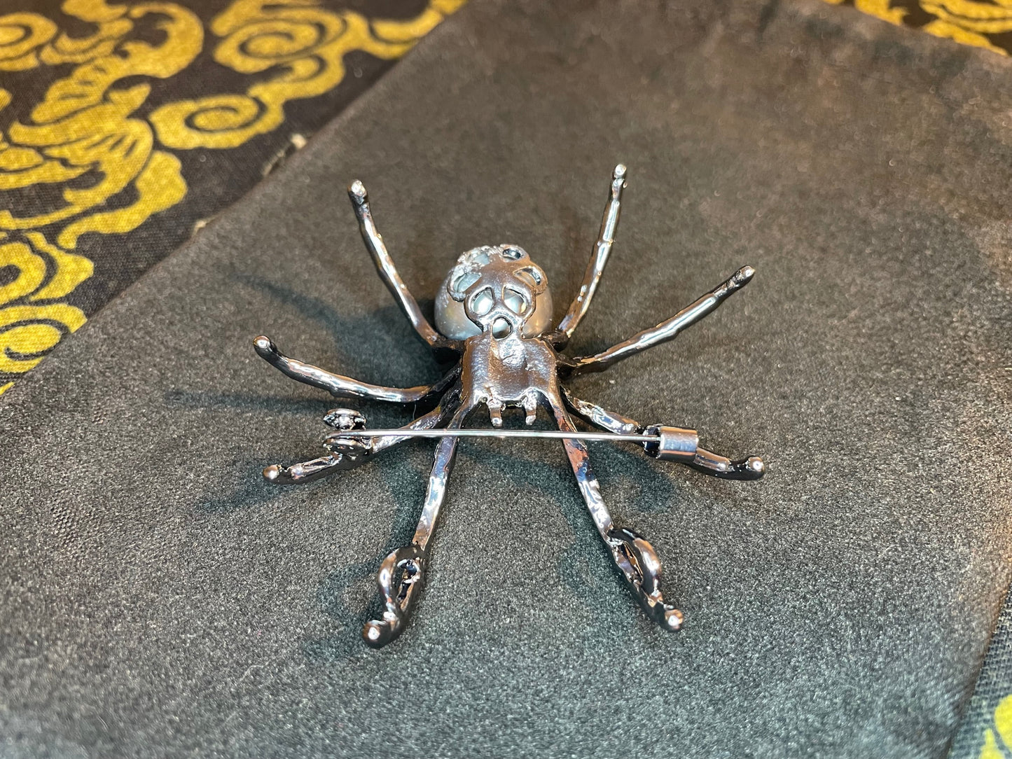 Black Pearl Diamond Encrusted Venomous Widow Spider Web Stainless Steel Lapel Pin Brooch Corsage Satanic Gothic Pagan Wiccan Gift - Silver