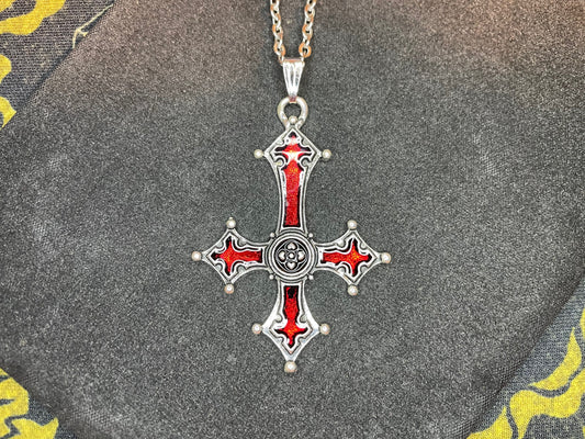 Red Crimson Bloody Inverted Upside Down Cross Pendant Necklace Vintage Gothic Satanic Pagan Wiccan Occult Jewelry Best Gift - Silver