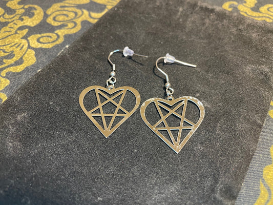 Satan's Heart Heartagram Inverted Pentagram Upside Down Stainless Steel Pendant Earrings Gothic Pagan Satanic Wiccan Best Gift - Silver