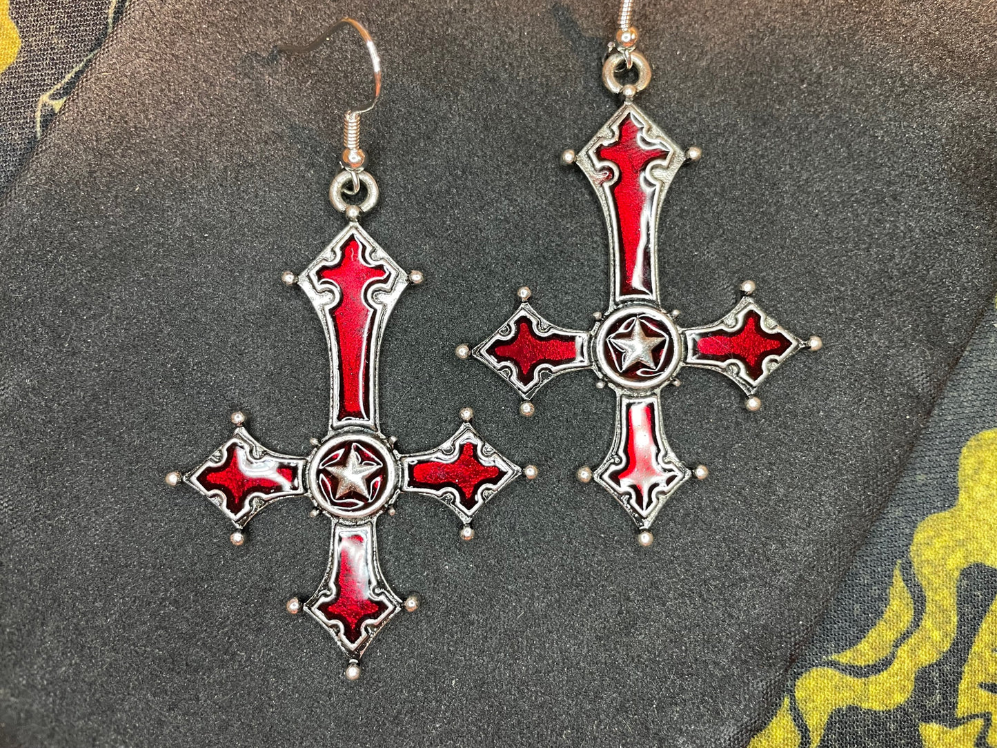 Red Crimson Bloody Inverted Upside Down Cross Pendant Earrings Star Vintage Gothic Satanic Pagan Wiccan Occult Jewelry Best Gift - Silver