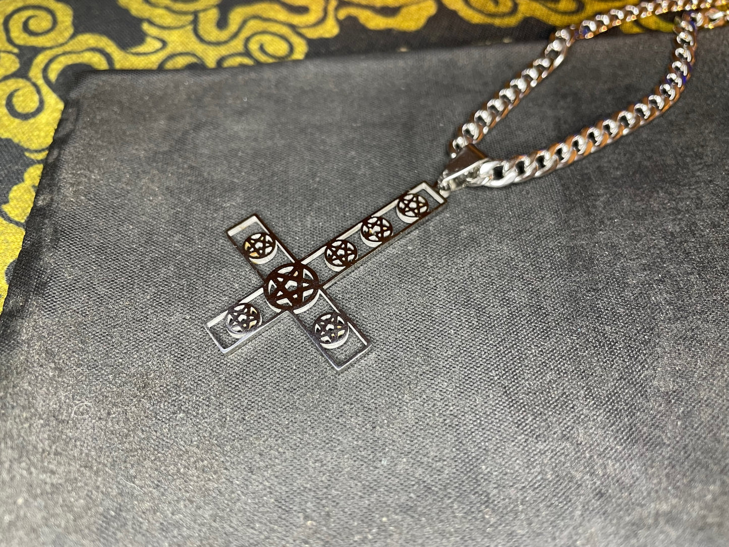 Upside Down Cross Inverted Multi Pentagram Stainless Steel Pendant Necklace Gothic Modern Satanic Church Wiccan Occult Jewelry Gift - Silver