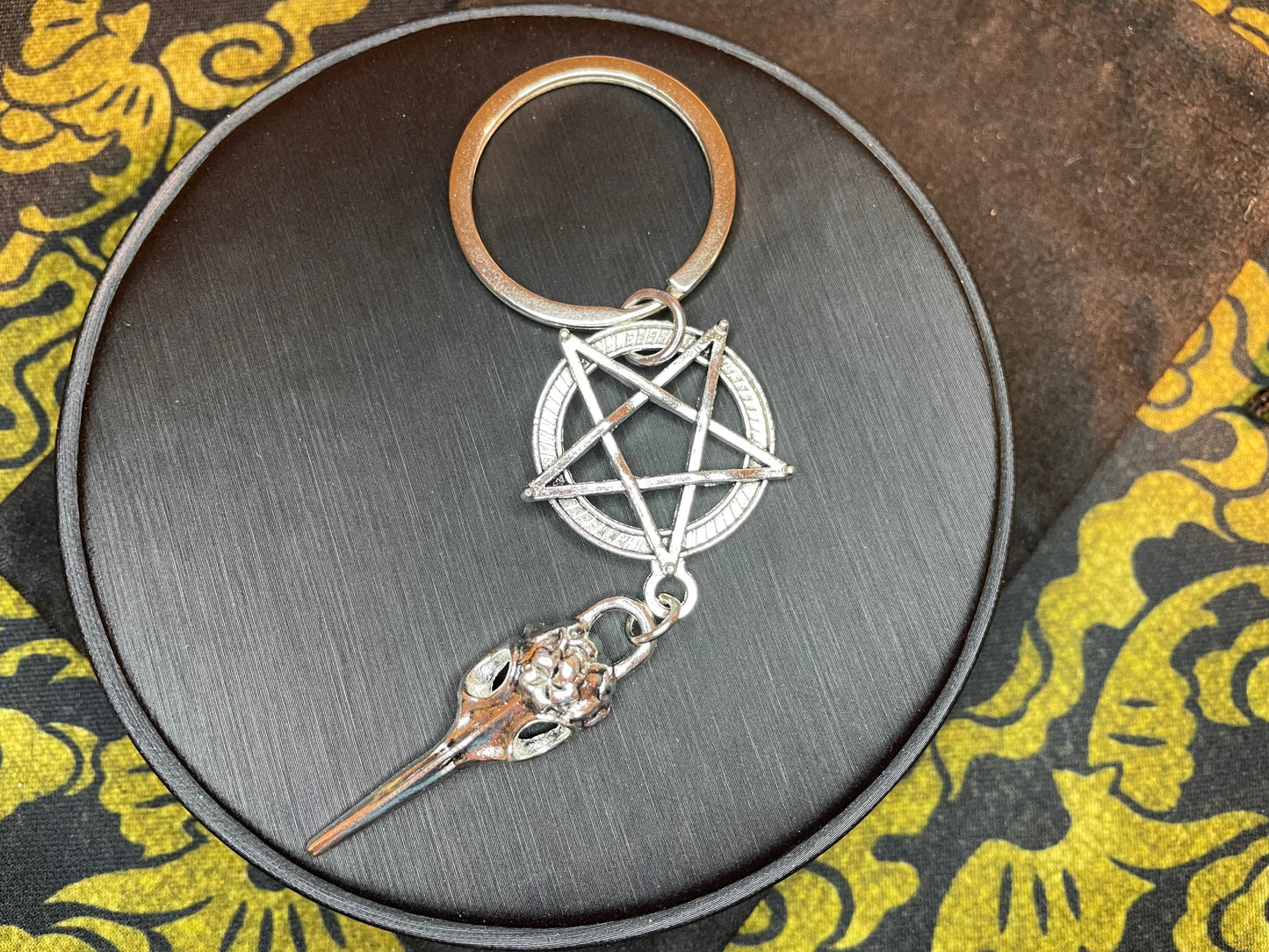 Raven Skull Pentagram Keychain Crow Bird Skeleton Inverted Upside Down Stainless Steel Wiccan Satanic Gothic Pagan Occult Jewelry - Silver