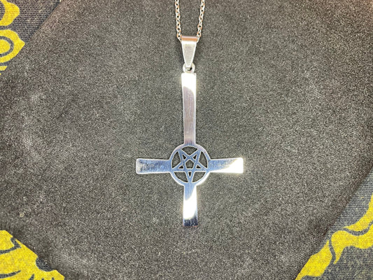 Upside Down Cross Inverted Pentagram Stainless Steel Pendant Necklace Modern Gothic Wiccan Pagan Satanic Church Occult Jewelry Gift - Silver