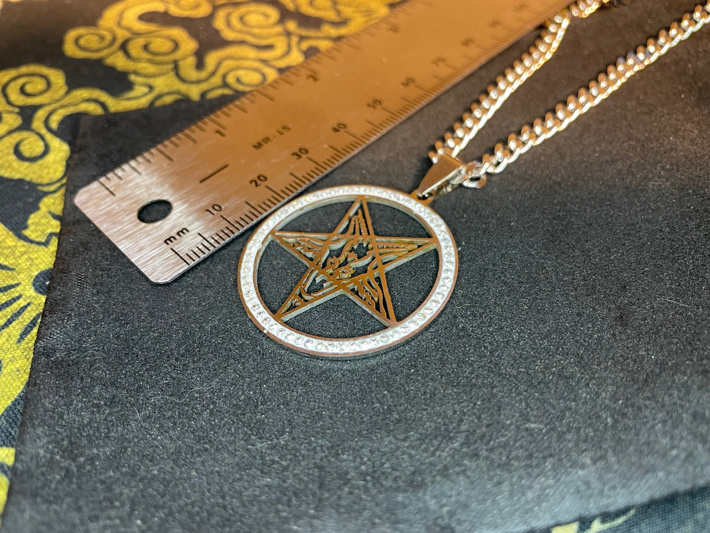 Sigil of Baphomet Church of Satan Upside Down Inverted Pentagram Stainless Steel Pendant Necklace Satanic Occult Jewelry - Silver & Diamond