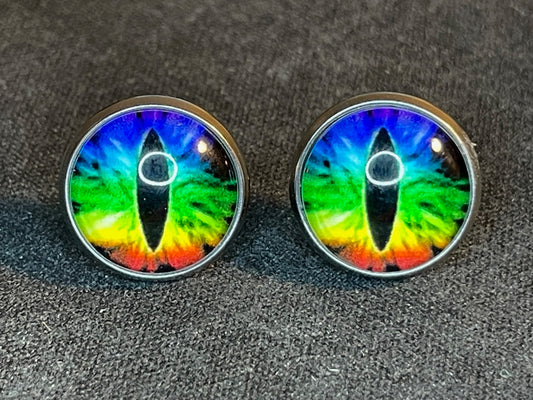 Cat Eye Dragon Eyes Colorful Rainbow Vintage Retro Handmade Glass Stainless Steel Earrings Satanic Wiccan Goth Occult Jewelry Gift - Silver