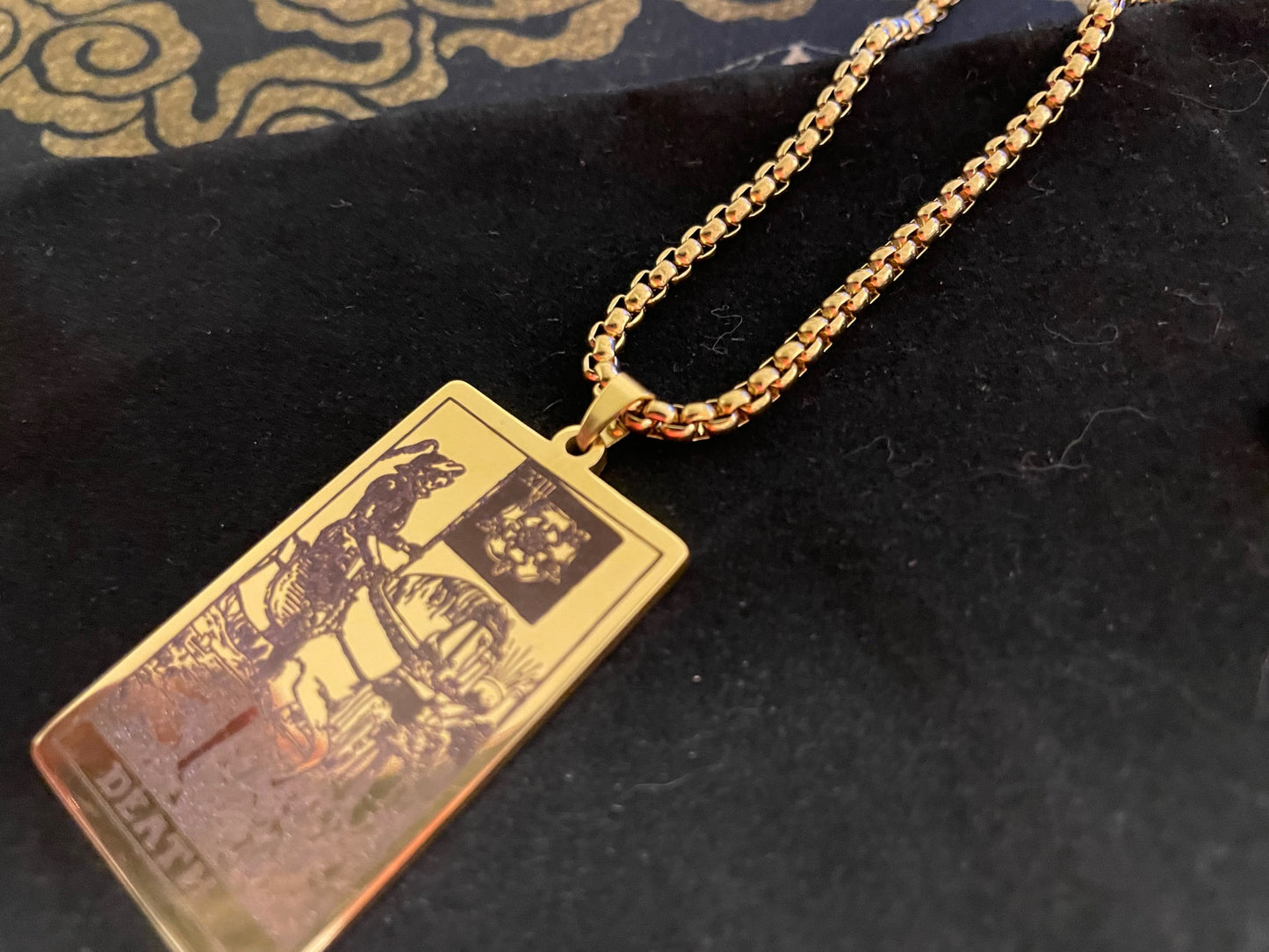 Death Tarot Card Necklace Rider Waite Deck Laser Engraved Stainless Steel Pendant Gothic Pagan Wiccan Satanic Occult Accessory Gift - Gold