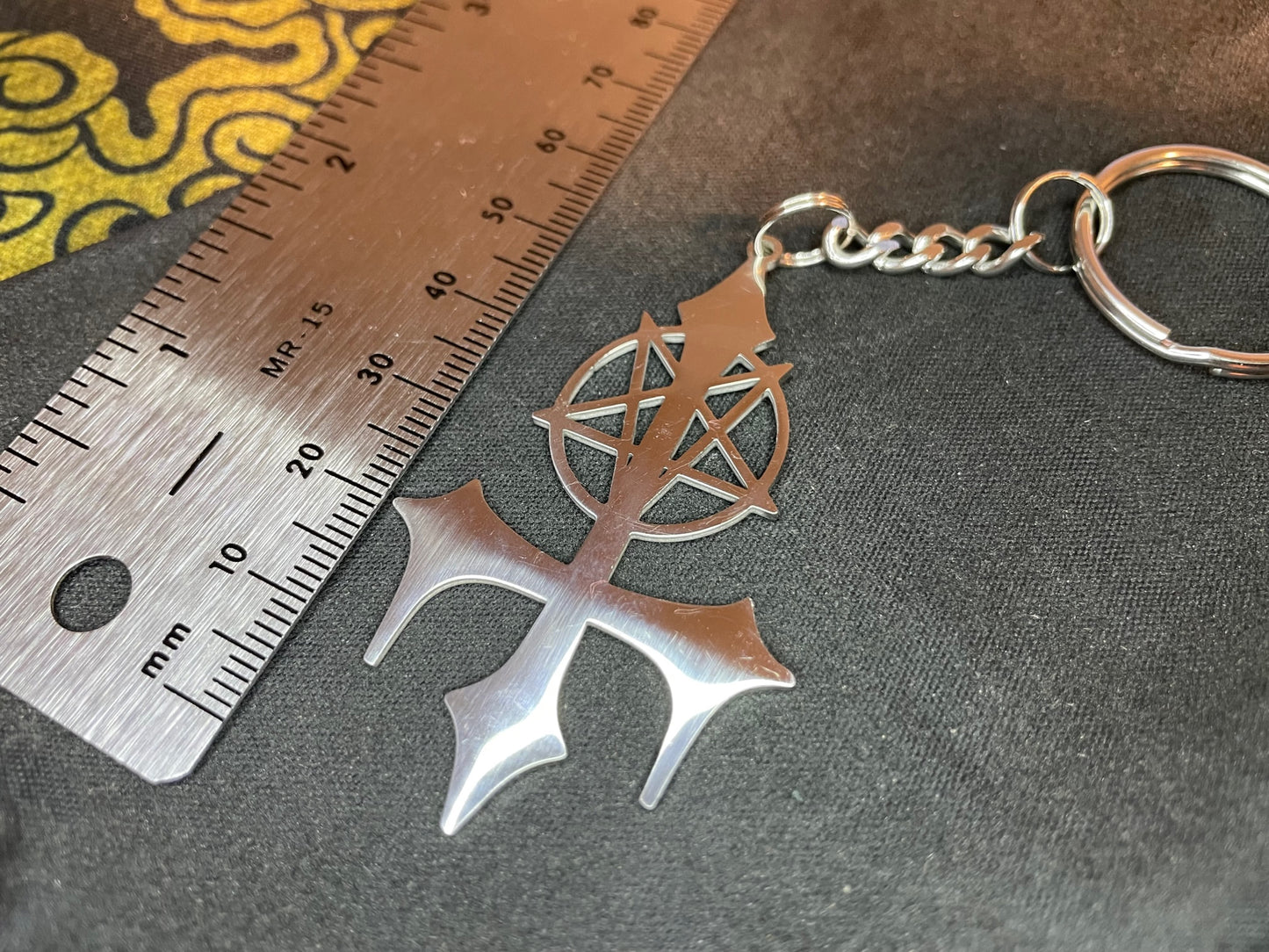 Vampire Fang Upside Down Cross Inverted Pentagram Stainless Steel Pendant Keychain Gothic Satanic Church Wiccan Occult Jewelry Gift - Silver