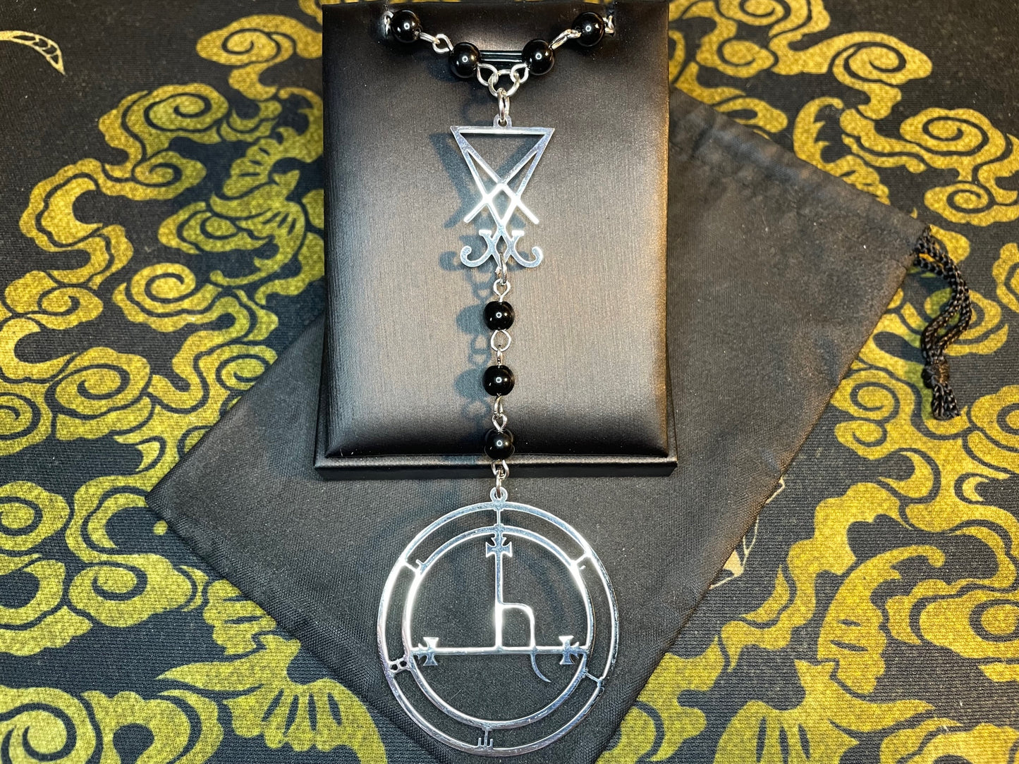 Satanic Rosary Sigil of Lucifer Demon Goddess Lilith Seal Pendant Necklace Small Bead Pagan Wiccan Occult Jewelry Best Gift - Silver & Black