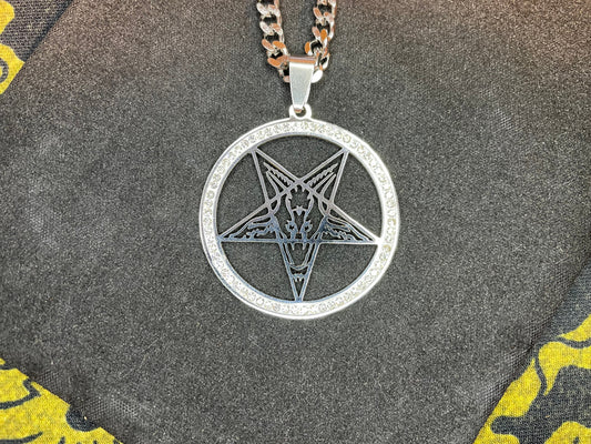 Sigil of Baphomet Church of Satan Upside Down Inverted Pentagram Stainless Steel Pendant Necklace Satanic Occult Jewelry - Silver & Diamond