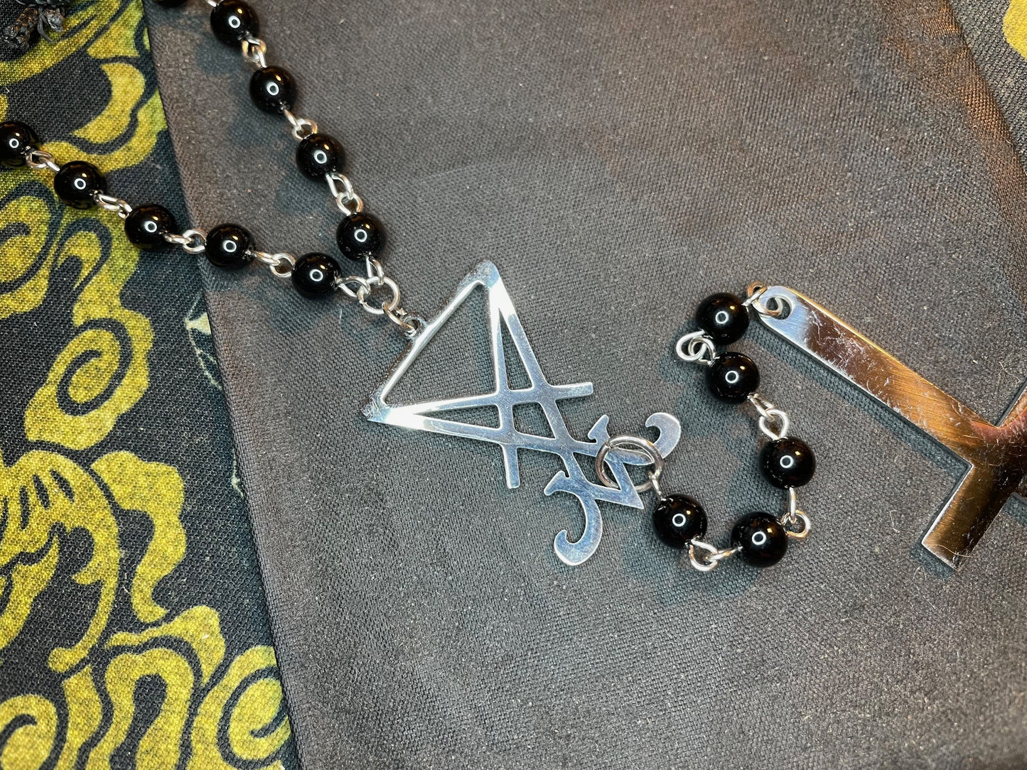 Satanic Rosary Sigil of Lucifer Upside Down Cross Inverted Pendant Necklace Small Bead Pagan Wiccan Occult Jewelry Gift - Silver & Black